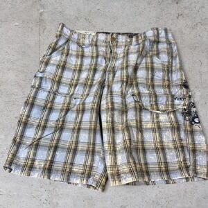 Mens vintage surf blue plaid shorts with embroidered koi on the side size 34